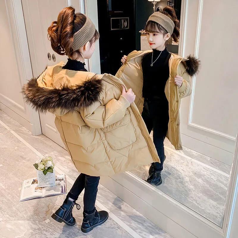 Girls' Thick Warm Cotton-padded Jacket with Large Fur Collar Winter Mid-length Windproof Hooded Jacket