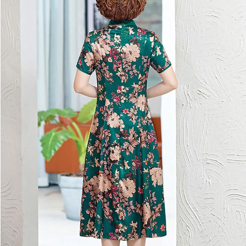 Mother Dress Floral Dress Summer Middle-aged and Elderly Women's Cheongsam Style Western Style Skirt Middle-aged Over-the-knee Long Skirt