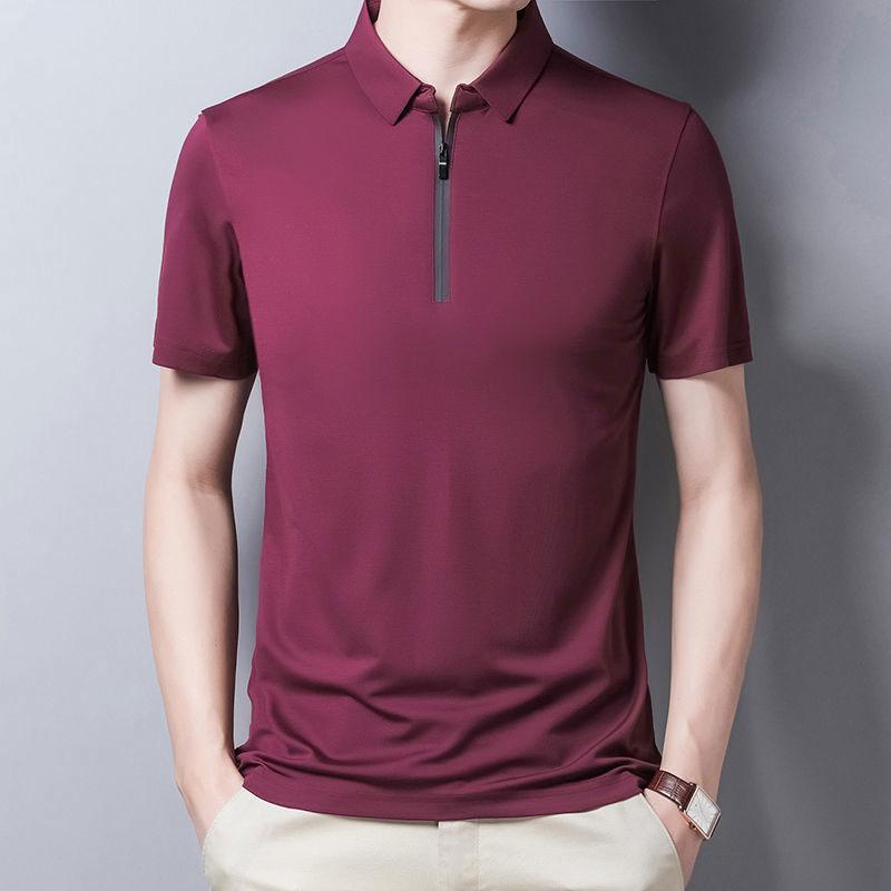 Men's Lapel Zipper T-shirt Solid Color Short-sleeved T-shirt POLO Shirt Middle-aged and Elderly Casual Tops