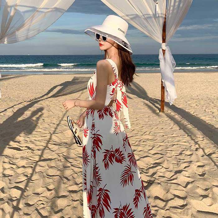 Pofulove Summer Women Red Leaf Sexy Dress Bohemia Sun-dresses Sleeveless Below Knee Beach Dresses