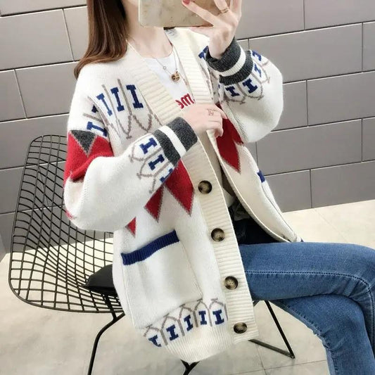 Lazy Jacquard V-neck Long Sleeve Warm Loose Sweater Cardigan Women's Knitted Loose Sweater Jacket Wild Knit Cardigan