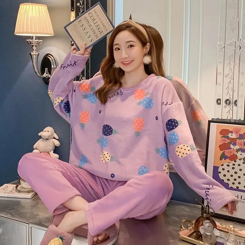 Winter Coral Fleece Pajamas Set Flannel Cute Cartoon Printing Home Wear Thickened Warm Ladies Autumn Winter Long-sleeved Sleeping Suit Trousers Set