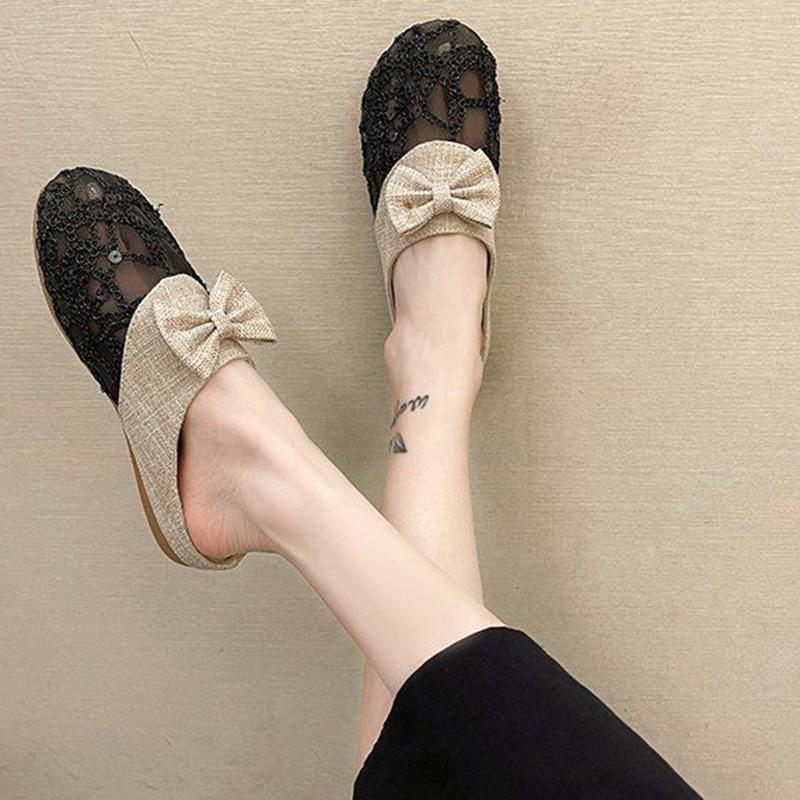 Lace Closed-toe Half Slippers Female Summer Hollow Linen Woven Loafers Lazy Outer Wear Sandals and Slippers