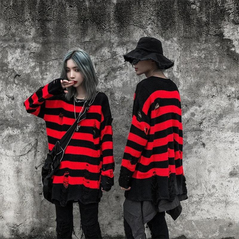 Couple Sweater Loose Lazy Trend Knit Bottoming Hole Men's Sweater Gothic Emo Punk Grunge Ripped Striped Sweater