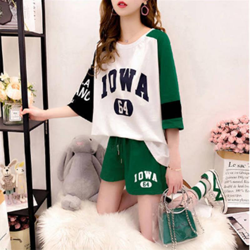 Two-piece Stitching Loose Large Size Fashion Sports Suit Women's Summer Sports Casual Short-sleeved Tops and Shorts