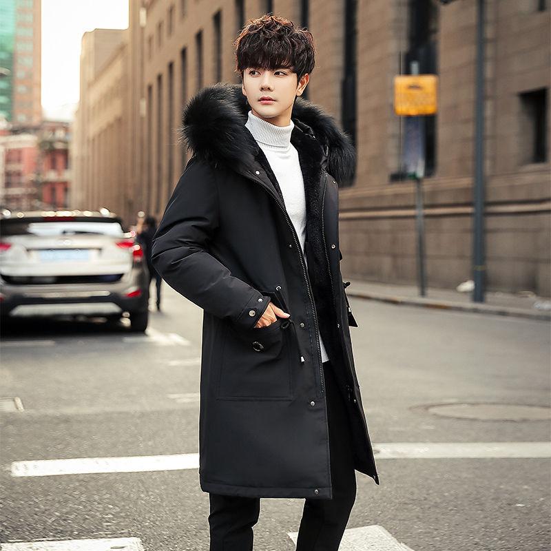 Winter Padded Jacket Men's Plus Velvet Thick Mid-length Korean Style Loose Hooded Big Fur Collar Padded Jacket Parka Coat Trend