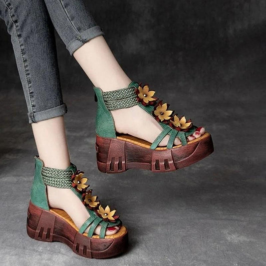 Summer Ethnic Style Thick-soled Sandals Women's Literary Retro Roman Floral Sandals Open-toed Hollow Waterproof Platform High-heeled Shoes