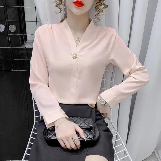 Long and Short-sleeved V-neck Blouses Women’s Shirts Niche Temperament Long-sleeved Shirts Work Clothes Shirts In Suits Soft Lightweight