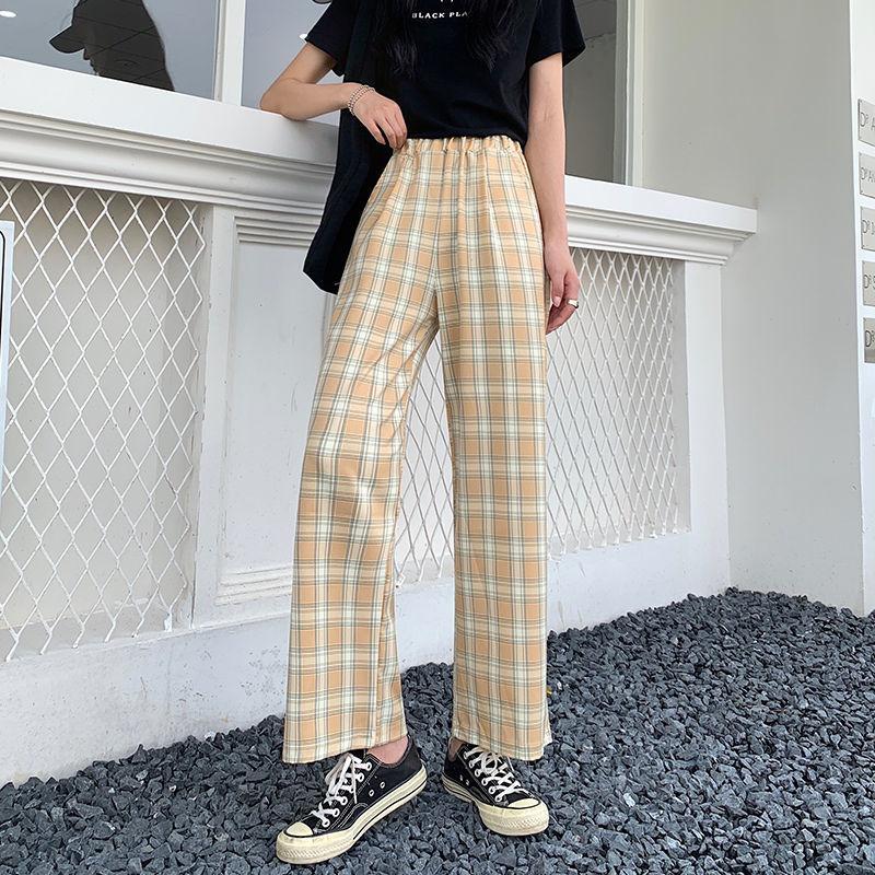 Women Spring Summer Long Pants Vintage High Waist Wide Leg Casual Pants Elastic Waist Loose Plaid Stripe Versatile Streetwear Straight Pants