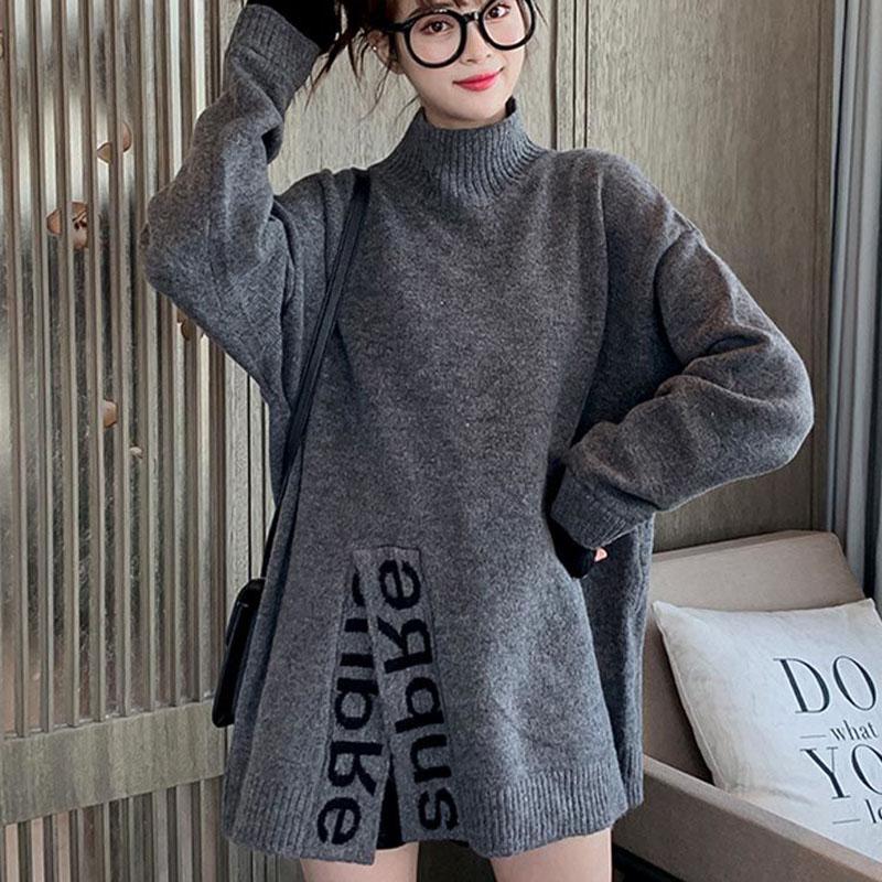 Autumn and Winter Half High Neck Mid-length Sweater Loose Casual Pullover Top Fashion Knitted Women Sweater