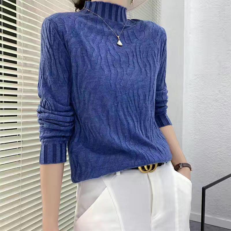 Autumn Winter Women Stretch Pleated Slim Knit Sweater All-match Thin Bottoming Shirt Top High Neck Pullover Jumper