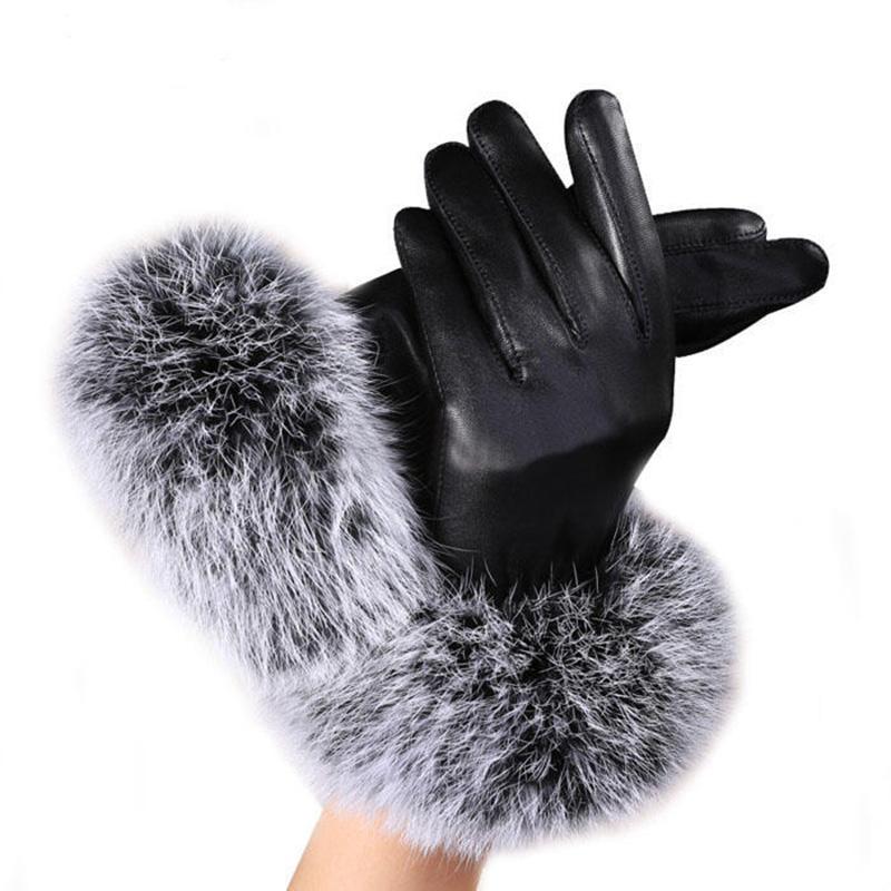 Women Lady Black Leather Gloves Autumn Winter Warm Rabbit Fur Mittens Worldmart