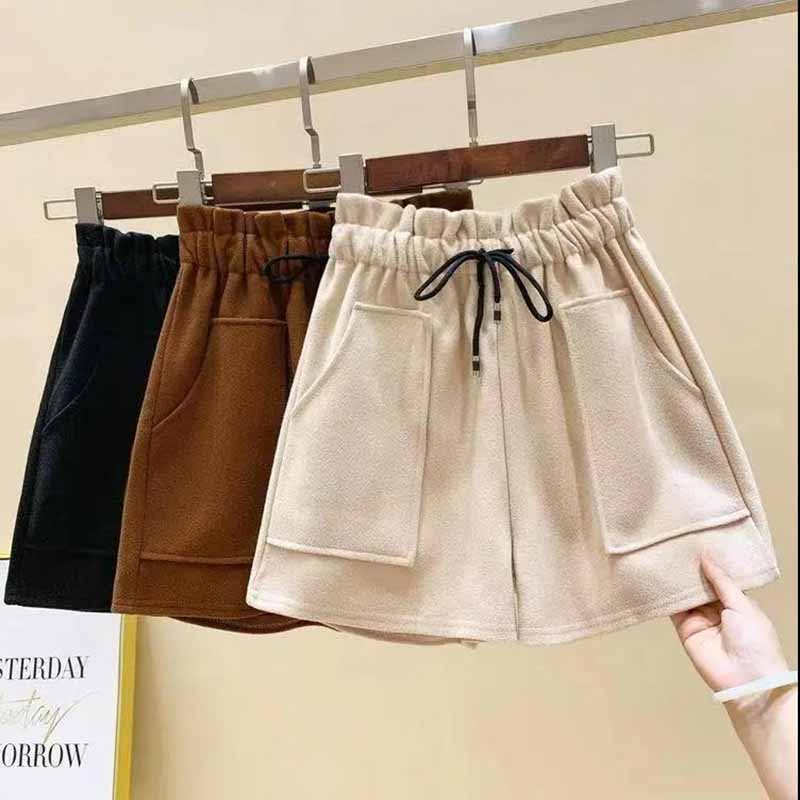 Woolen Shorts Women's Autumn Style Outer Wear All-match High-waist A-line Autumn and Winter Thickened Wide-leg Bottoming Boots Pants