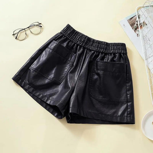 WTEMPO Black High Waist Leather Short Pants Women Thin Elastic Waist Pockets Decor PU Leather Shorts