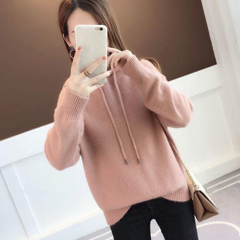 Spring and Autumn Hooded Jacket Loose Short Knitted Sweater Solid Color Long Sleeve Women's Top