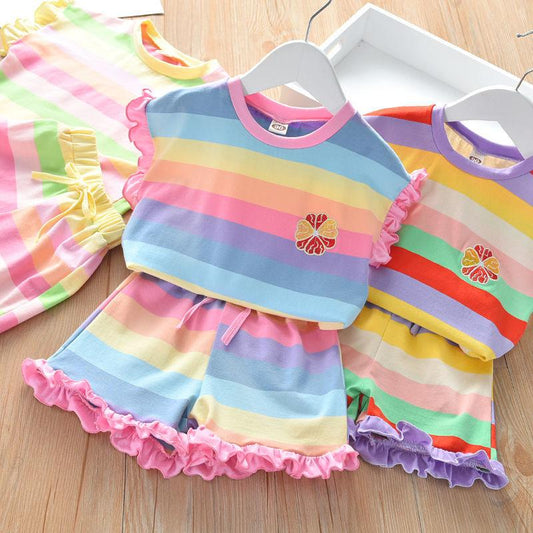 Two-piece Suit Children's Clothing Summer Rainbow Casual Suit Girls Fungus T-shirt Shorts