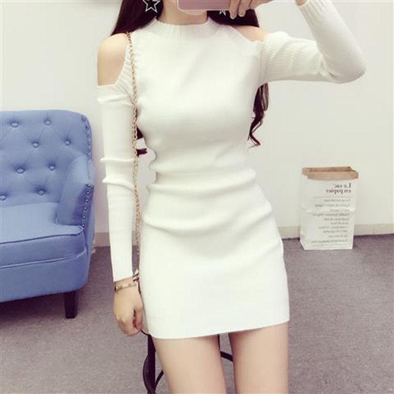 Spring Autumn Women's Knitted Pullover Sweater Sexy  Off-shoulder Long Sleeve Knit Dress Women's Mid-length Bag Hip Base Bodycon Sweater Dress