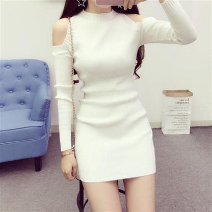 Spring Autumn Women's Knitted Pullover Sweater Sexy  Off-shoulder Long Sleeve Knit Dress Women's Mid-length Bag Hip Base Bodycon Sweater Dress