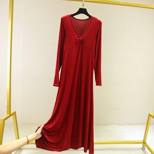 Women's Korean Version Simple and Comfortable Slim Long Sleeve V-Neck Long Solid Color Thin Bow Dress