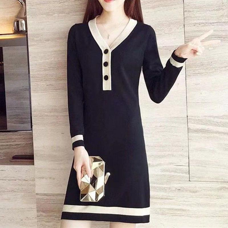 Autumn and Winter Plus Size V-neck Dress Long Sleeve Slim Knit Bottoming Shirt Fashion Simple Button Sweater Skirt