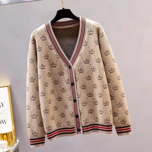 Loose Outer Jacket Women's Knitted Cardigan Contrast Color Striped Crown V-neck Button Long-sleeved Thin Sweater Coat