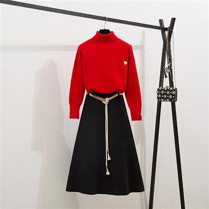 Thin Women Turtleneck Pullover+Black Woolen Skirt Two Piece Knitted Bottoming Skirt Set Top