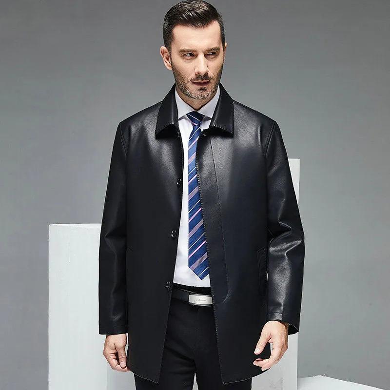 Men's Leather Clothing High Quality Sheepskin Leather Jacket Business Casual Mid-length Winter Warm Plus Fleece Thick Jacket Turn Down Collar Coat