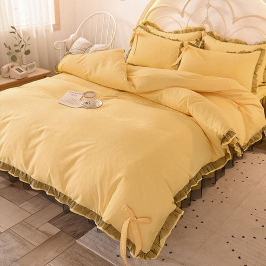 Korean Brushed Bed Skirt Bowknot Four-piece Princess Style Bed Cover Thick Non-slip Lace Bedding