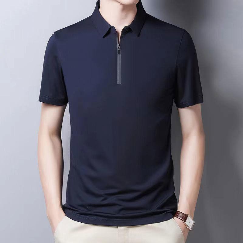 Men's Lapel Zipper T-shirt Solid Color Short-sleeved T-shirt POLO Shirt Middle-aged and Elderly Casual Tops