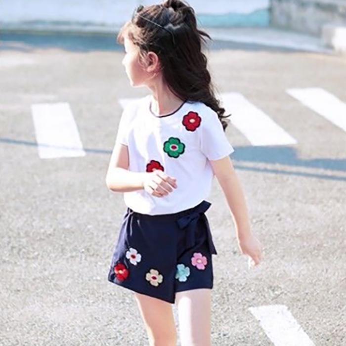 2PCS Children Clothing Set Spring Summer Girls Suits Embroidery Short Sleeve Tops + Pants Clothing Set