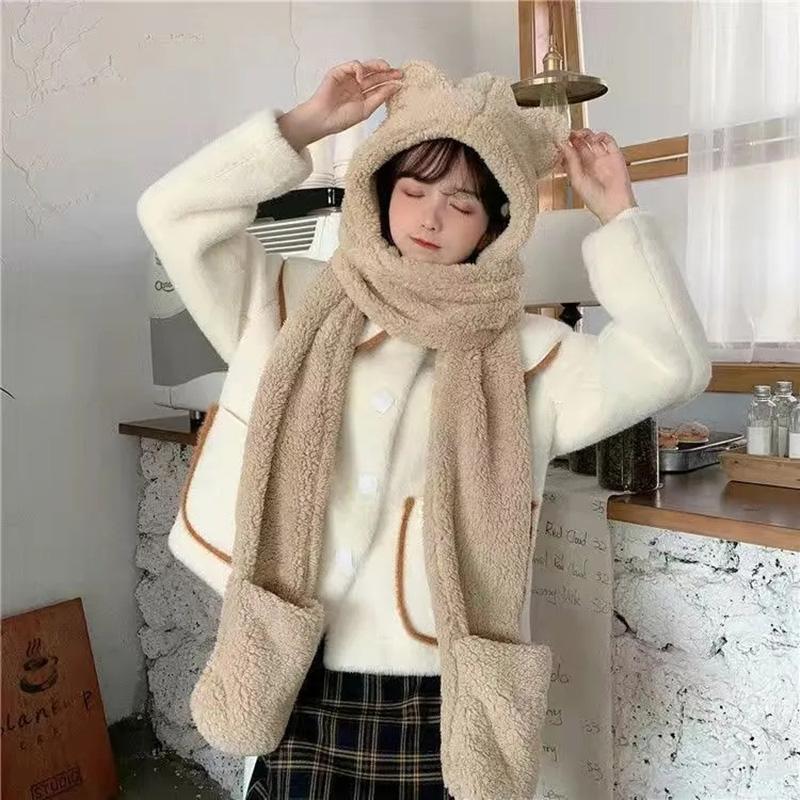 Women's All-match Cute Autumn and Winter Warm Hat Double-layer Thickening One-piece Three-purpose Hat Bear Ears Scarf Gloves Fleece Warm Caps Set