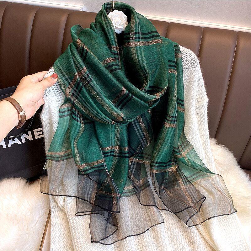 Women's Autumn and Winter Silk Scarf Korean Style All Match Mulberry Silk Shawl Thin Silk Plaid Scarf Long Dual-use Gauze Scarf Sweet Neckerchief