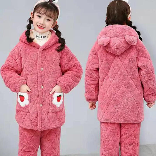 Children Girls Polar Fleece Winter Plus Cotton Pajamas Students Plus Velvet Thick Coral Fleece Flannel Pajamas Pajamas To Keep Warm