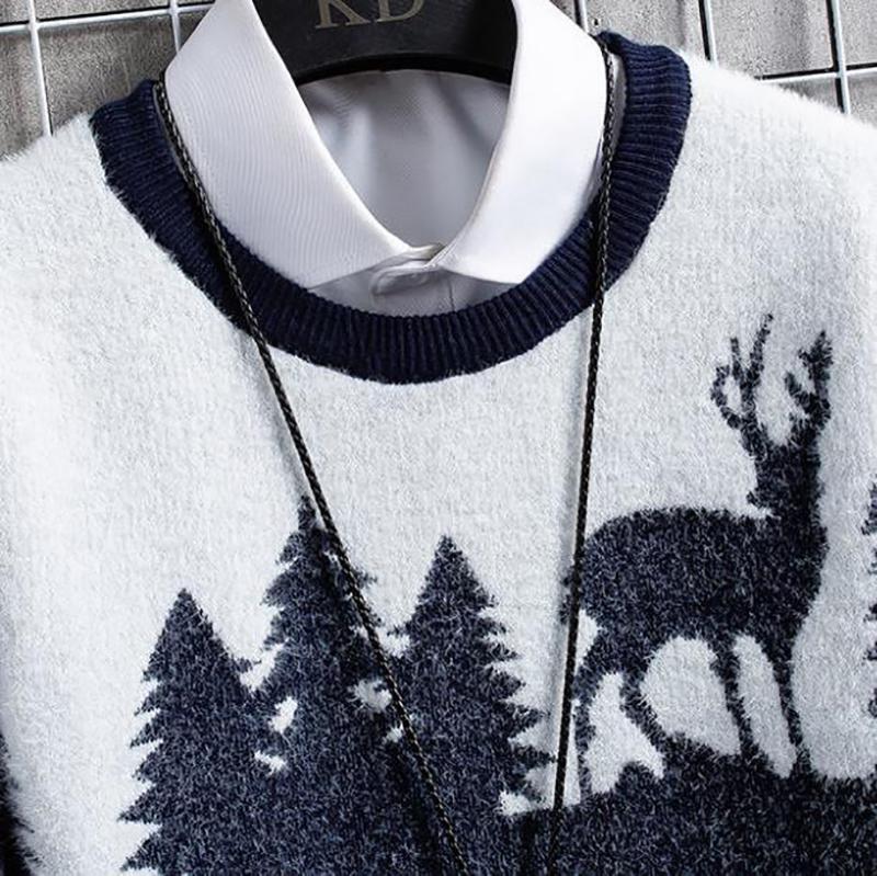 WTEMPO Men Christmas Sweater Elk Print Sweater Soft Casual Knitted Sweater Winter Thicken Warm Pullover