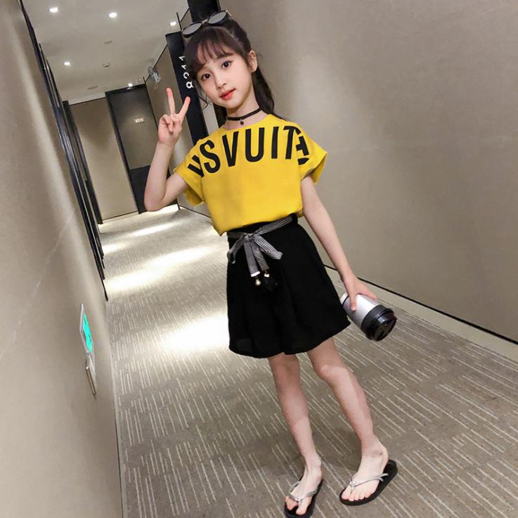 Girls' Children's Printed Letter Short Sleeve Suit Summer Girls' Korean Students' Shorts Two Pieces Set