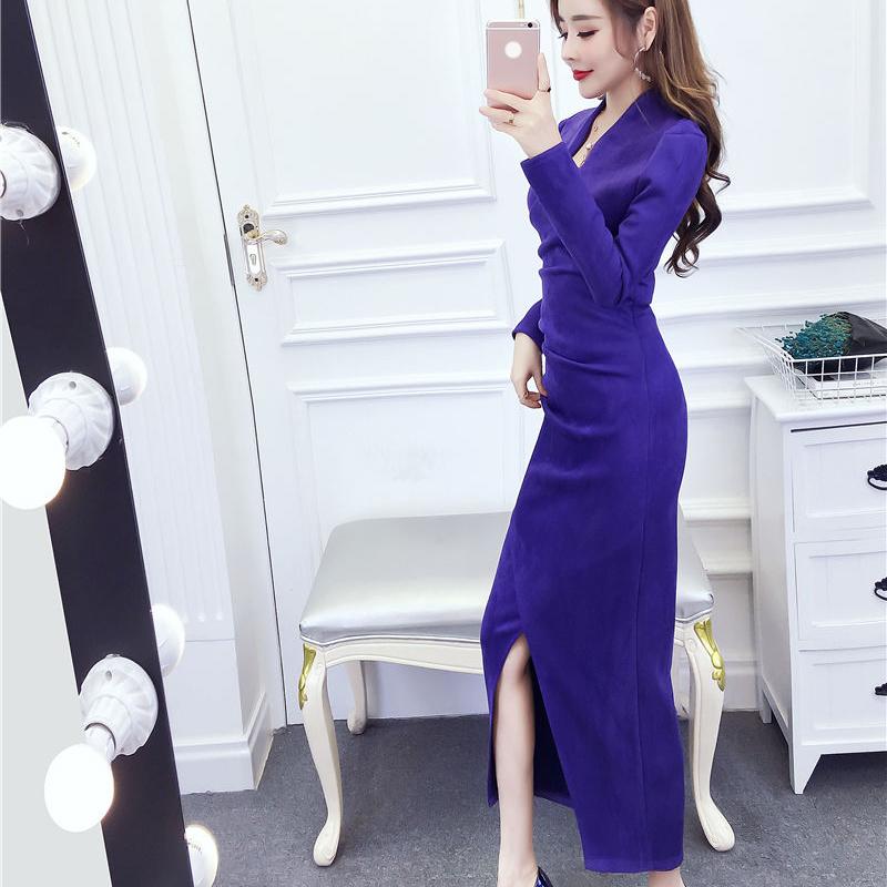 Women's Bottoming Shirt Knit Dress Fashion Slim Pullover V-neck Sweater Knitted Dress Mid-length Over-the-knee Bottoming Shirt