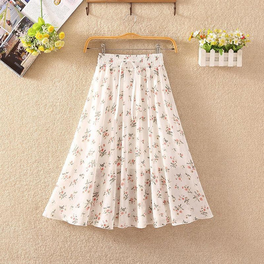 Women's Elastic Waist Pleated Floral Skirt Summer  High Waist Mid-length A-line Draping Chiffon Fairy Dress