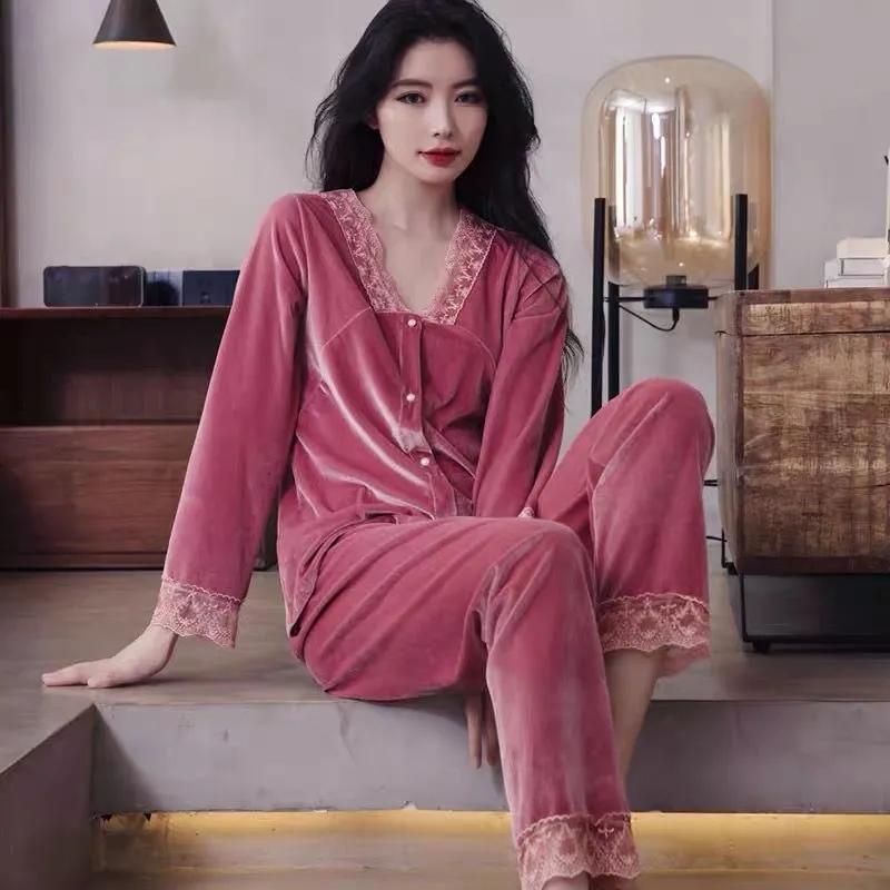 Women's Gold Velvet Pajamas Set Spring Autumn Sexy Lace Pyjamas Suit Out Wear Loose Comfortable Solid Color Thin Velvet Homewear Winter Sleeping Suit