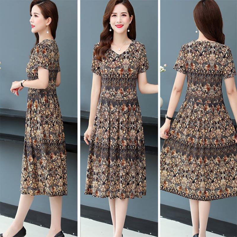 Short-sleeved Dress Retro Floral Women's Mid-length Cover The Belly To Show Thin Temperament Lady's Skirt