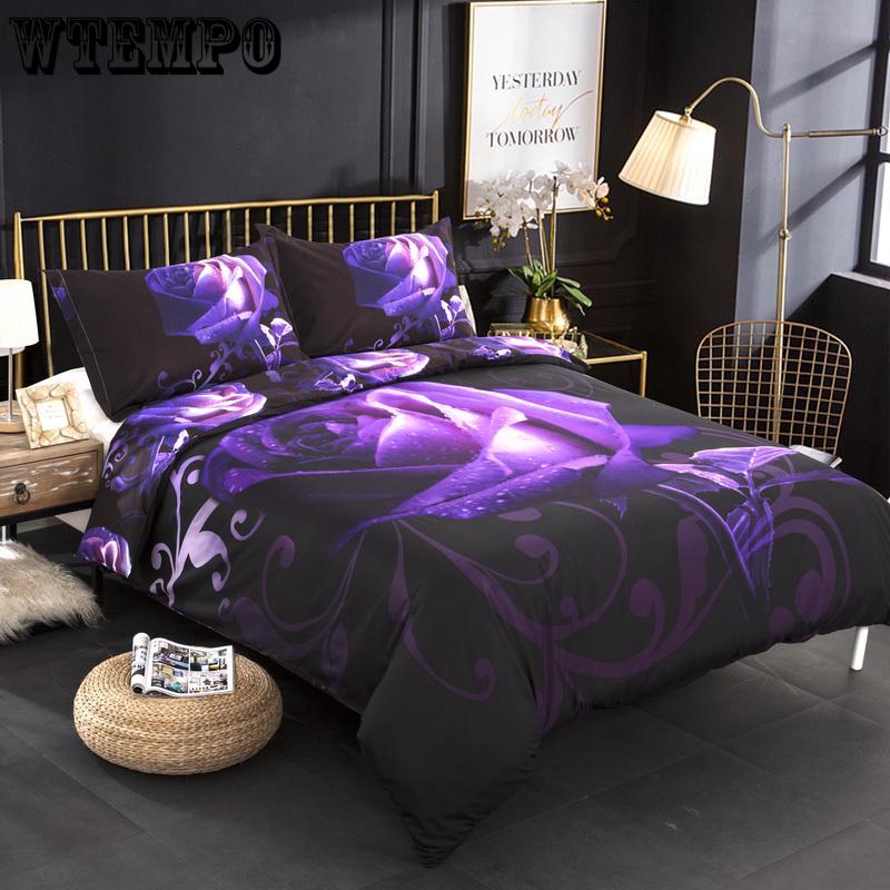 3D Purple Rose Duvet Cover Set Cotton Polyester HD Bedding Set 3pcs Bedclothes