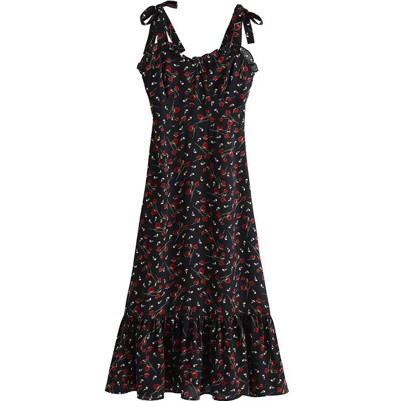 Female Elegant Black Floral Suspender Dress Vintage V-neck High Waist Ruffle Graceful Holiday Dress