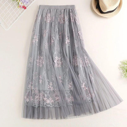 Woman Spring Summer Embroidered High Waist A-line Mesh Casual Skirt Vintage Sweet Fairy Party Skirt