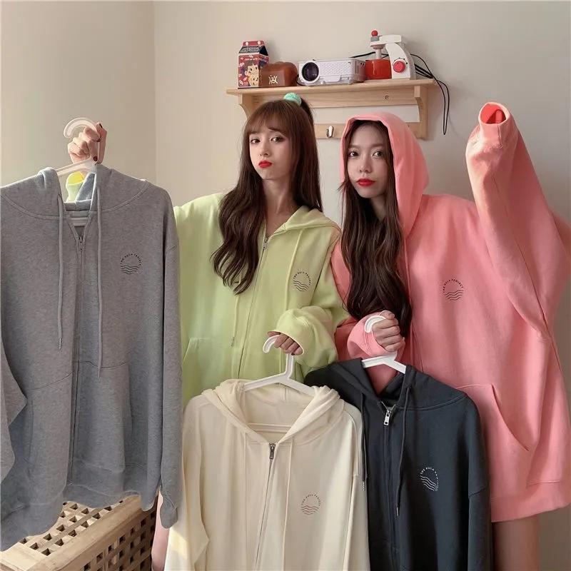 Autumn Hooded Cardigan Sweater Female Student Mid-length Top Coat Ins Korean Version Loose All-match Jacket Zipper Coat Long-sleeved Hooded Sweater