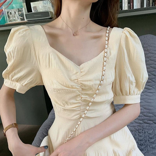 Women's Summer French Elegant and Sweet Short Bubble Sleeve Open Back Slim Dress