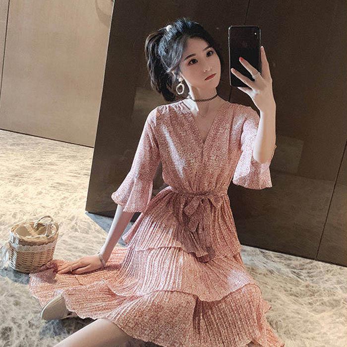 Pofulove S-XL Women V-neck Floral Chiffon Dress Thin Slim A-line Dress Flared Sleeve Long Dresses