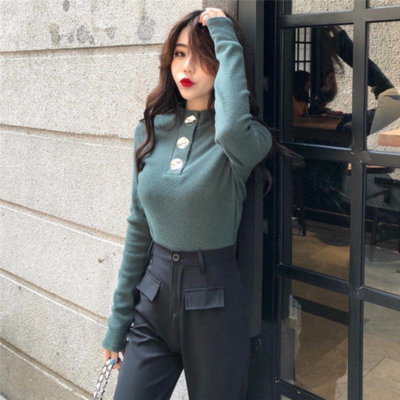 Autumn/winter Big Button Design Top with Slim-fit Base Sweater Can Be Worn Outside Knit Sweater