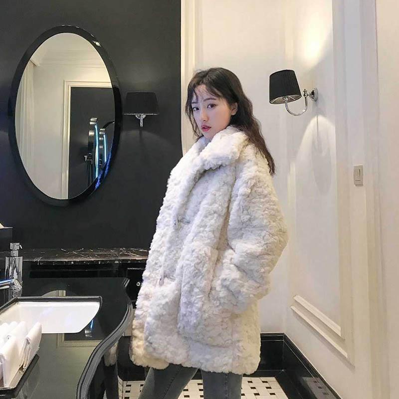 Autumn and Winter Cashmere Imitation Fur Coat Women Stand-up Collar Lazy Horn Buckle