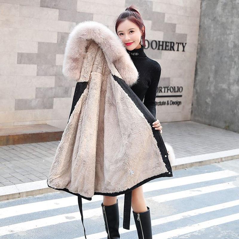 Ladies Winter Jacket Cashmere Thick Denim Hooded Coat with Big Fur Collar Parka