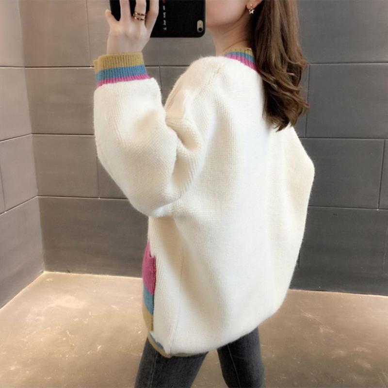 Women's Sweater Coat Autumn and Winter Color Matching Sweater Cardigan Loose and Lazy Wind Mid-length Knitted Cardigan Top