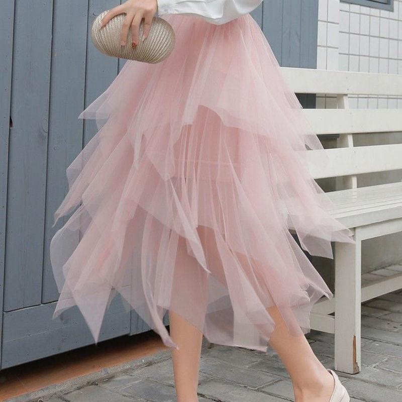 Women Irregular Tulle Skirts Fashion Elastic High Waist Tutu Skirt Pleated Long Skirts Midi Skirt